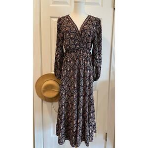 Max Studio Navy Floral Maxi Dress - Boho Faux Wrap with Side Ties Size Medium